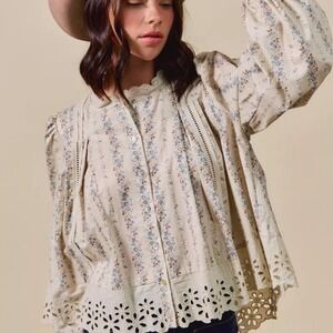 SO ME Floral Print Lace Button Down Shirt